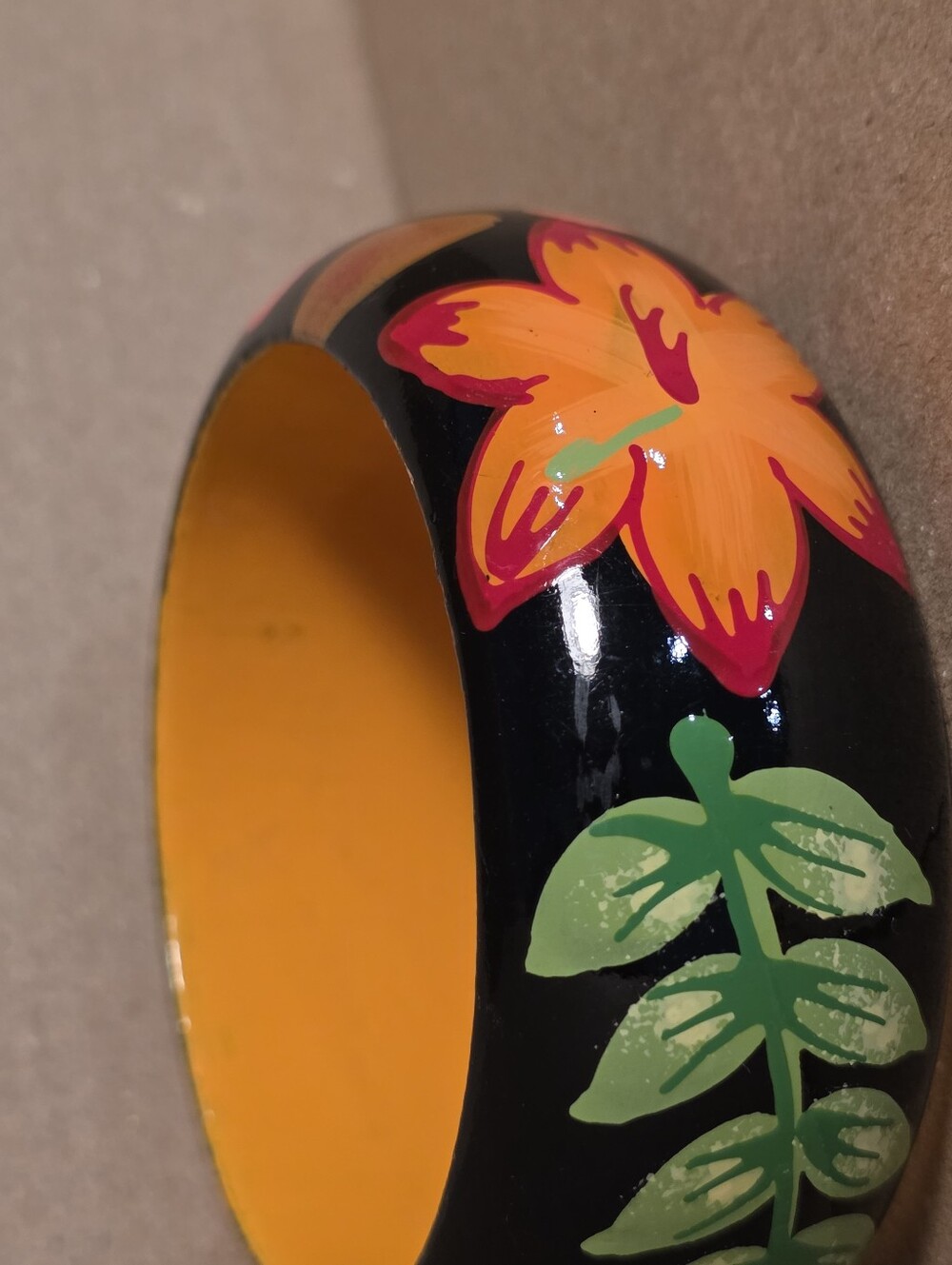 Vintage Wooden Black Floral Painted Bangle Bracelet with Orange Interior